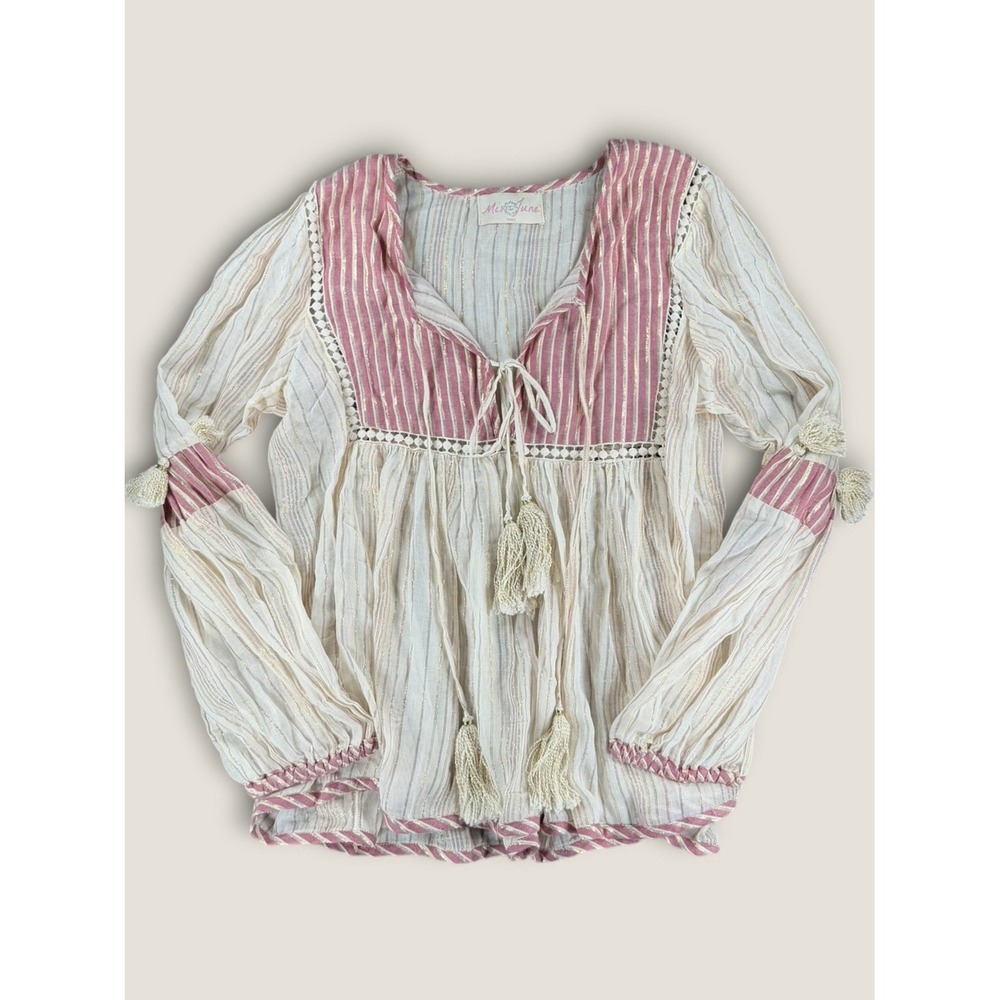 Miss June Paris Boho Metallic Gold Stripe Cotton Tassel Blouse Pink One Size